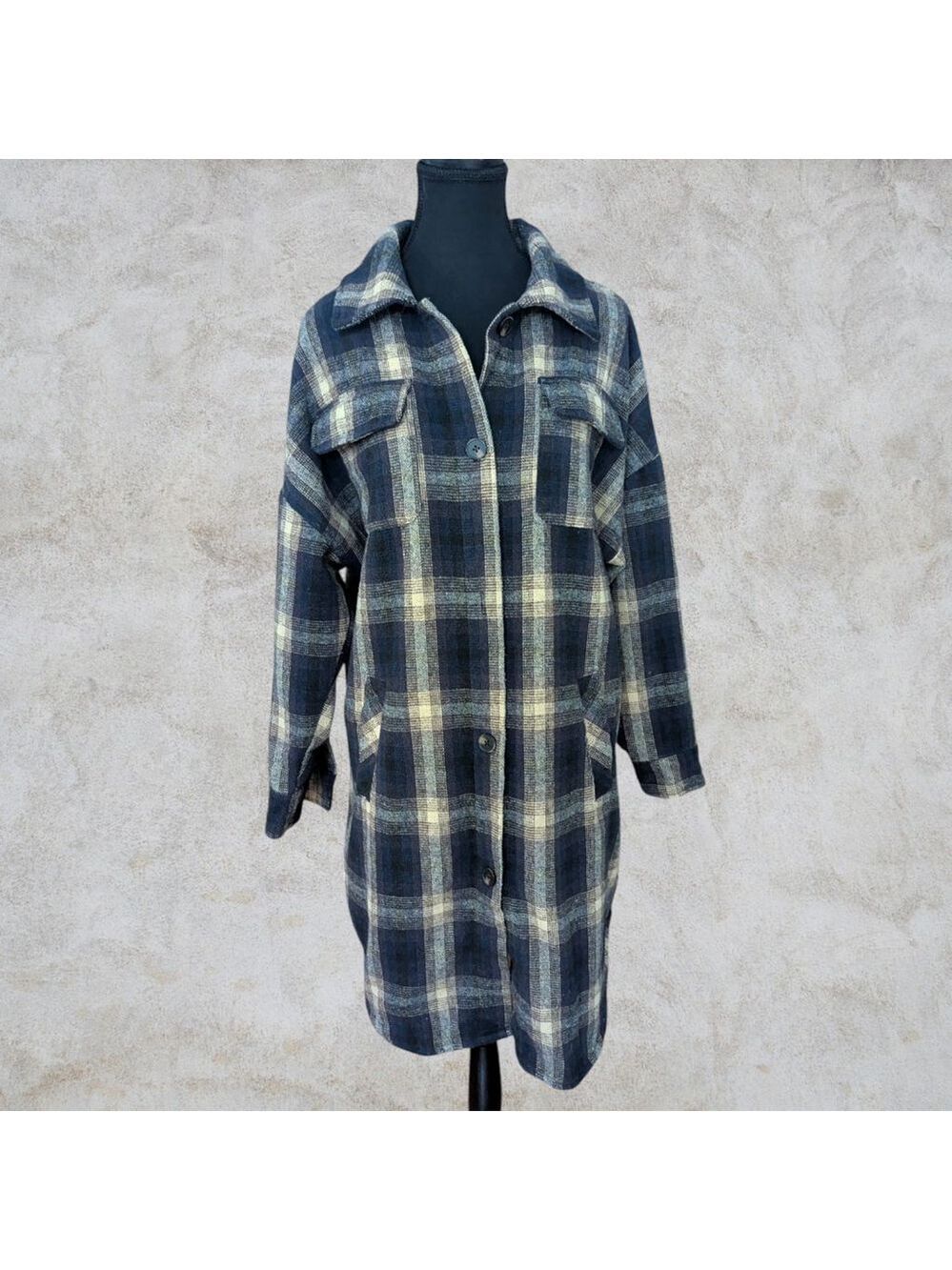 Women's Ci Sono Plaid Longline Shacket S Navy Beige